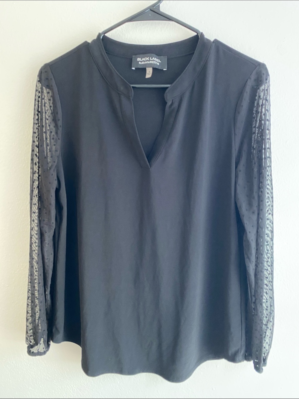 Black Label Black V-Neck Blouse with Sheer Dot Sleeves